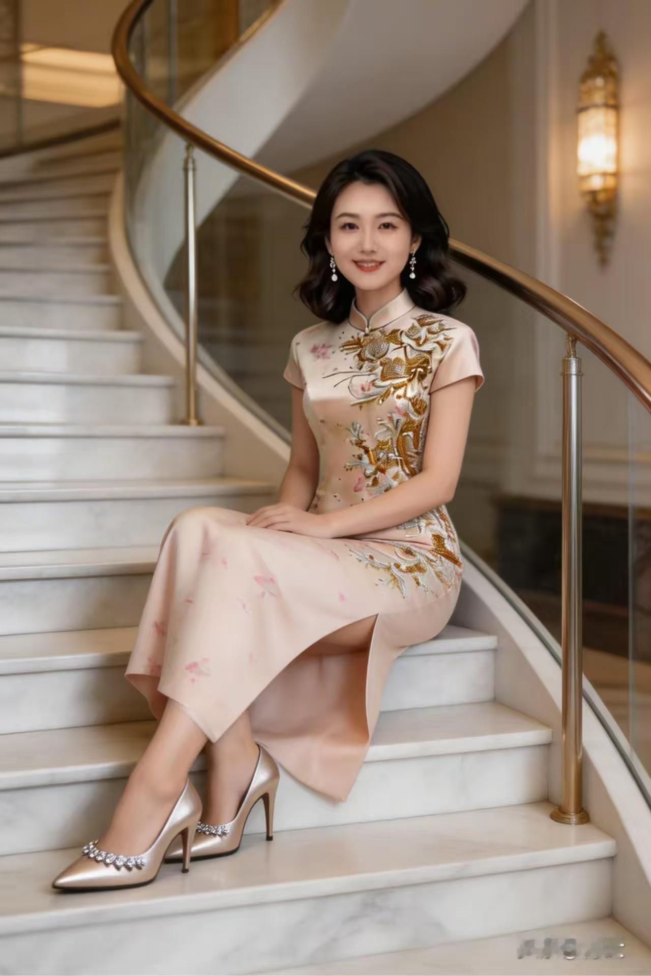 清江引·旗袍春影
粉绡裁就杨柳腰，
凤羽旋梯绕。
流云衬步娇，
光影雕腮巧，
东