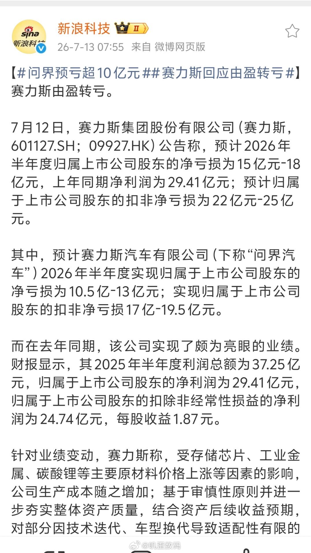 问界预亏超10亿元2026年1-6月，赛力斯新能源汽车累计销量为178777辆，