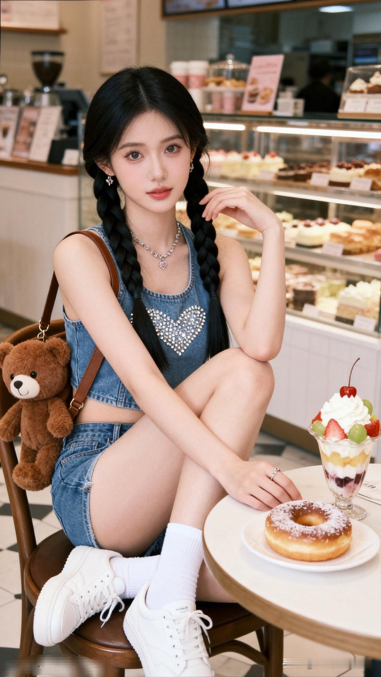 元气少女在甜品店打卡，甜甜圈和奶油蛋糕等你来尝！🍰🍓💕