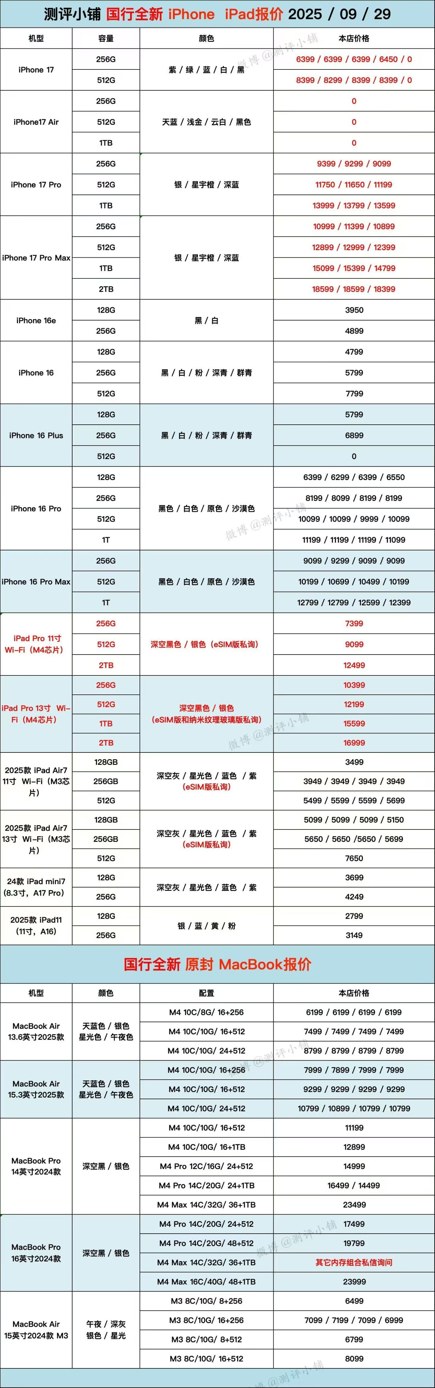 09-29国行全新机，iPhone17系列，iPad Air7，小米15系列，红