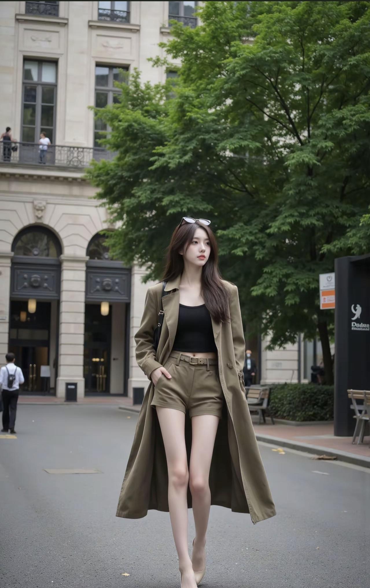 晚风裹着梧桐叶的香，卡其色长外套漫过脚踝，把巴黎街景衬成松弛的底色。墨镜半落发梢