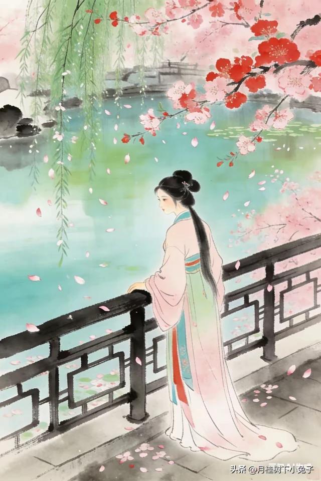 柳絮池塘淡淡风，
桃花依旧笑春红。
如今只影栏杆倚，
当年情景在梦中。