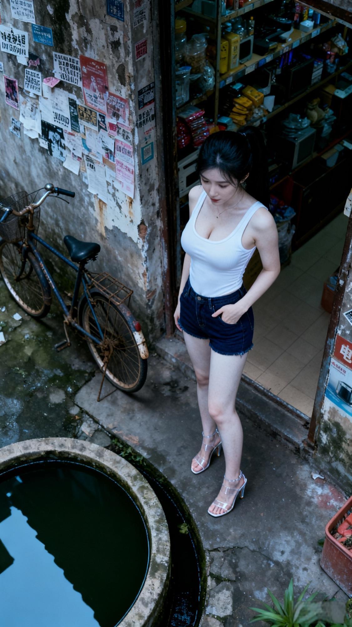 旧车，小门，老商店；
街角，少女，笑满面；
乱墙，黑水，不曾怨
白衣，粉黛，俏美