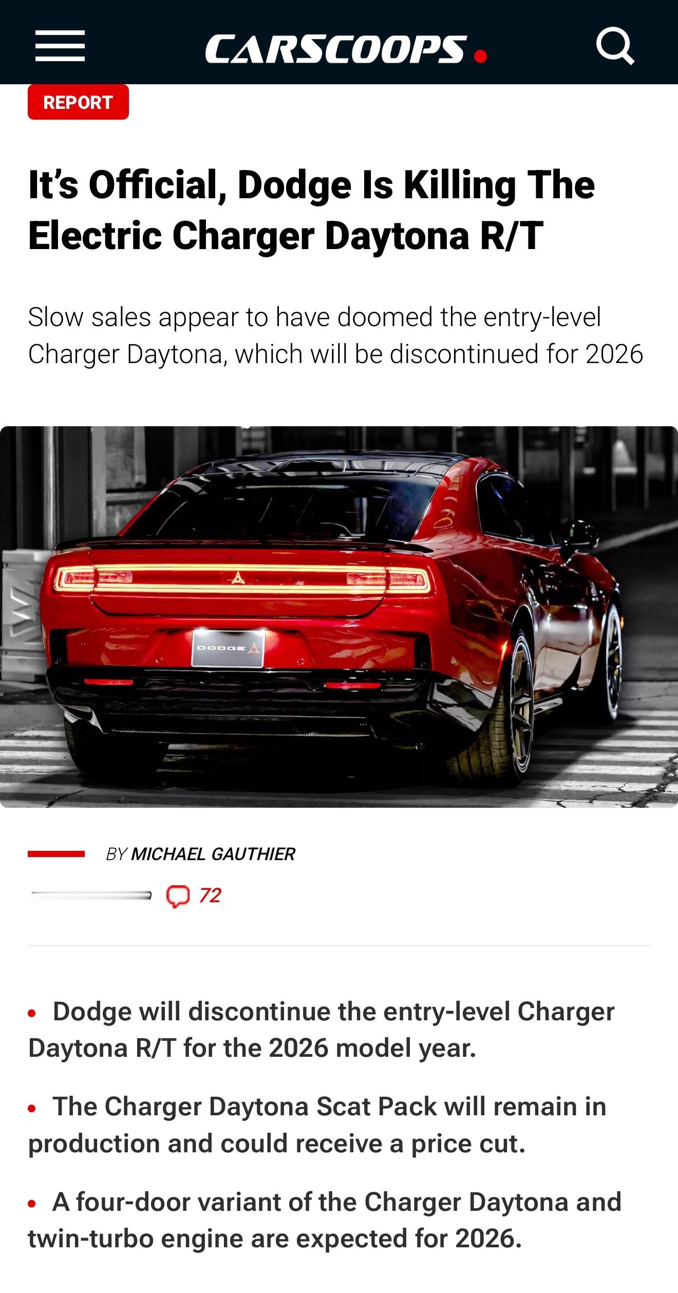 因为卖不动，道奇缩减了电动Charger的产品线现在正在销售的电动Charger