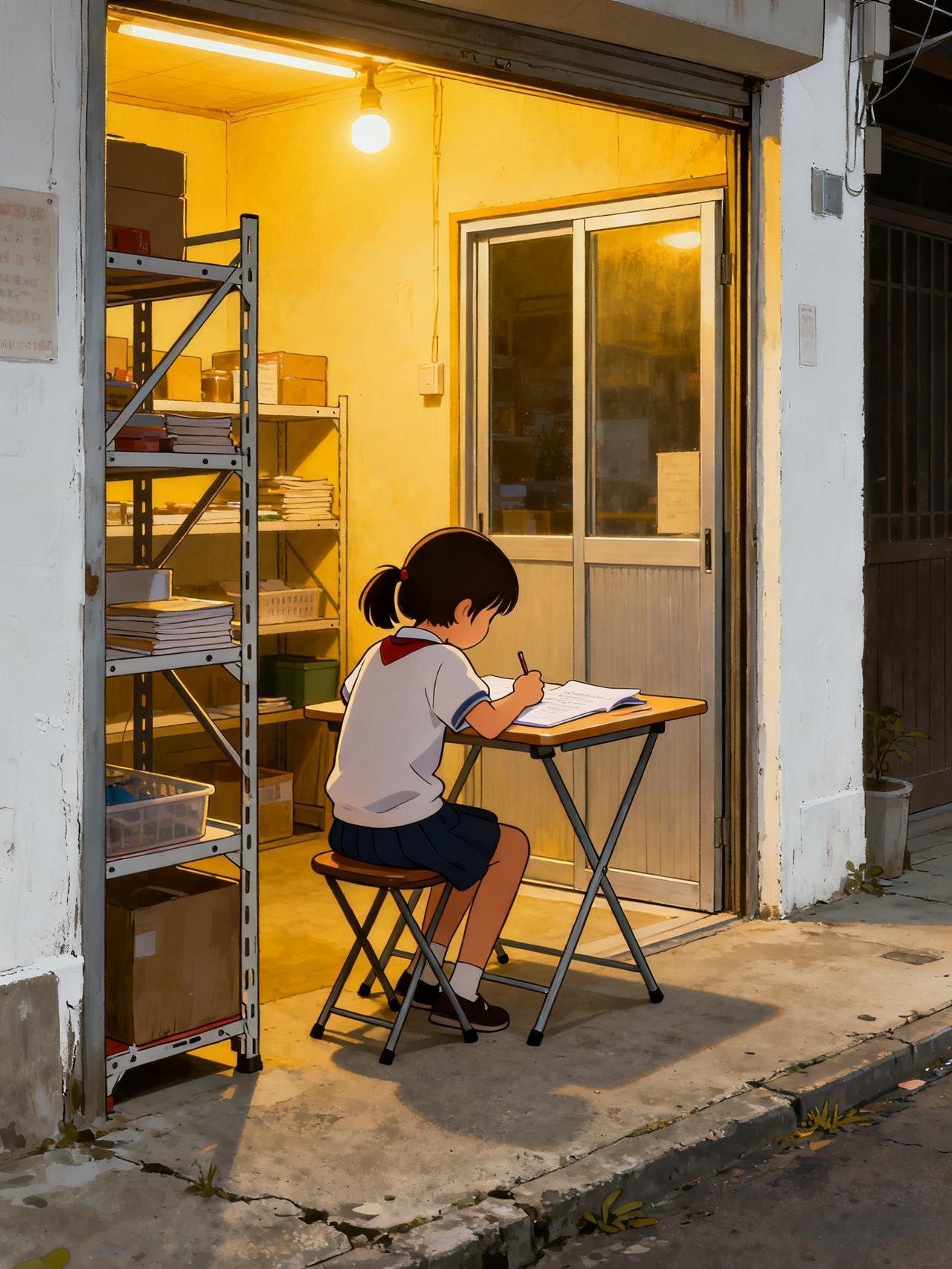 天已经黑透了，一个小姑娘，背对着我坐在一个小店铺里写作业。

他写作业的灯太暗了