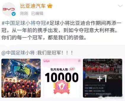 【比亚迪祝贺中国足球小将夺冠】 北京时间6月2日，中国足球小将2014队在意大利