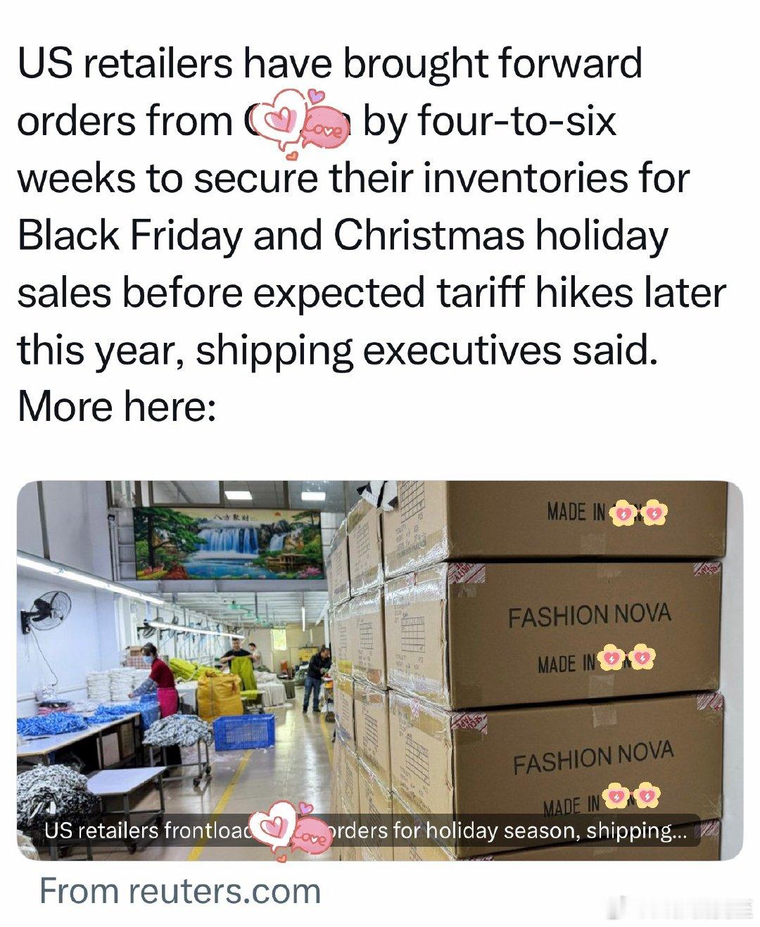 美国零售商，今年提前了四到六周，向🀄️供应商下单感恩节/黑五、圣诞节的货怕关税