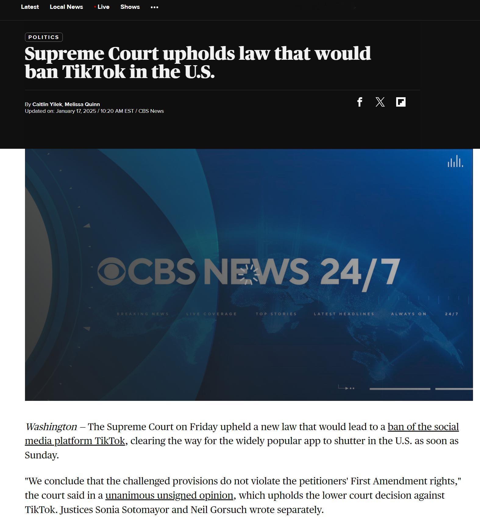 🔻美国最高法院维持了一项可能导致 TikTok 在美国被禁的法律，该法律将于周