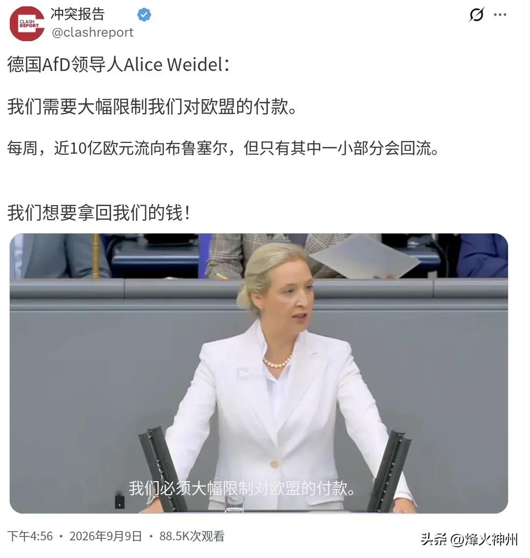 德国选择党领导人爱丽丝·魏德尔昨天（北京时间9月9日）在发表讲话称：“我们必须大