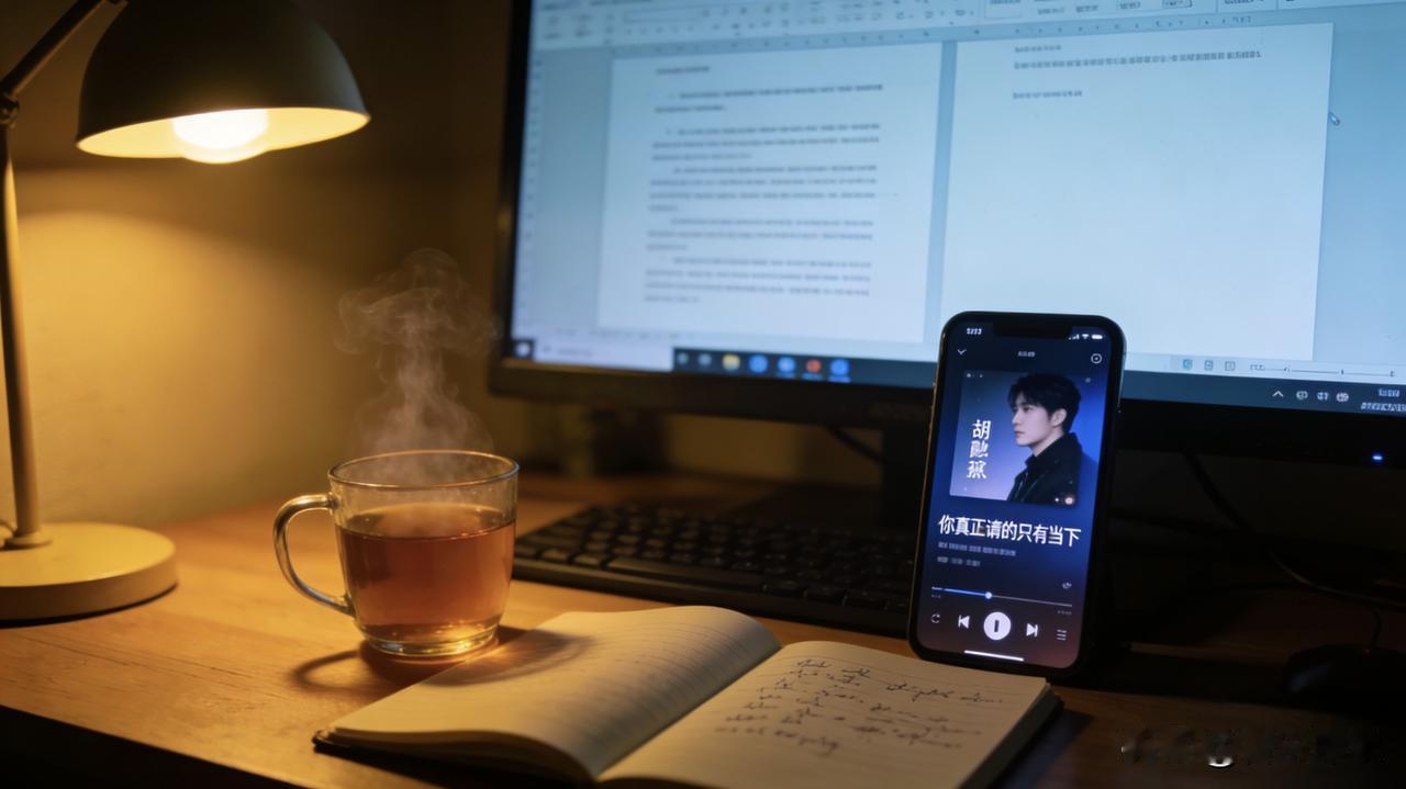 深夜加班听《你真正拥有的只有当下》，暖光映杯沿，活在当下便是救赎
 
歌声撞进深