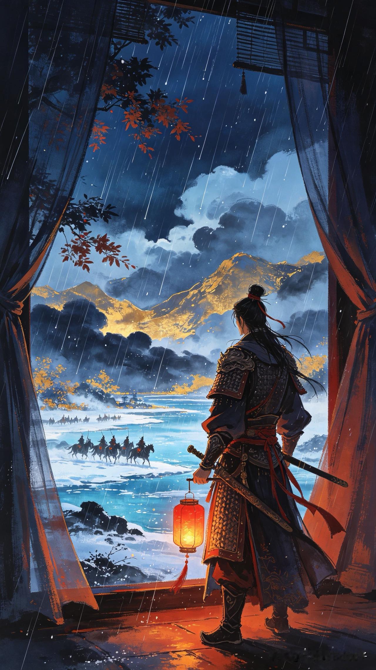铁马冰河入梦频，
挑灯细数旧征尘。
忽闻帘外梧桐雨，
      
…………请师