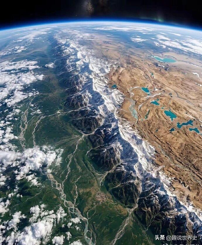 空中看“世界屋脊”喜马拉雅山脉。这是中国和尼泊尔的交界处，知道哪边是中国吗？珠穆