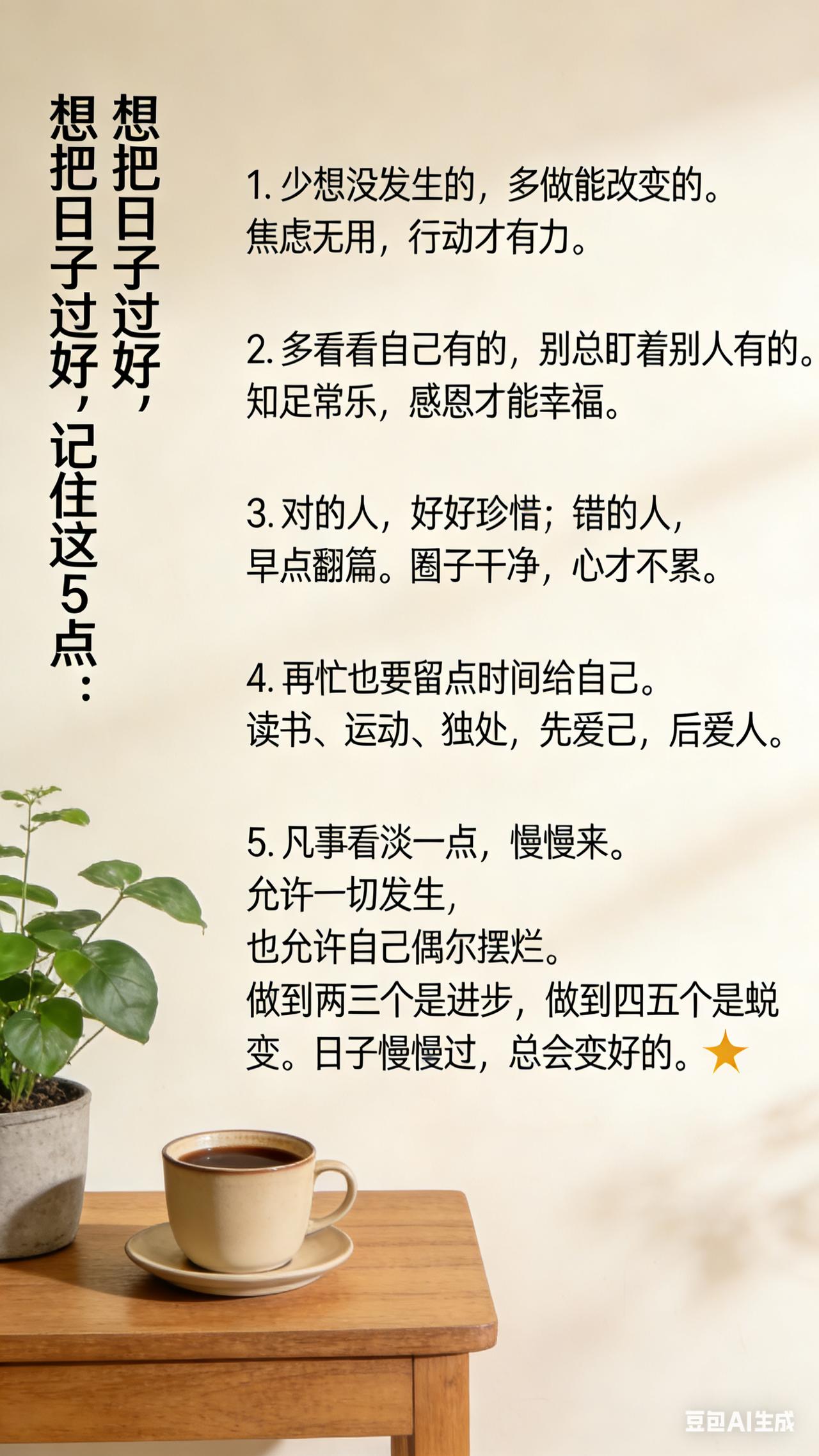 想把日子过好，记住这5点：

1. 少想没发生的，多做能改变的。
焦虑无用，行动