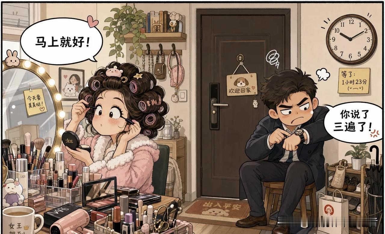 趣味漫画：出门前我精心打扮许久，他早早守在门口催个不停，日复一日上演同款画面。看