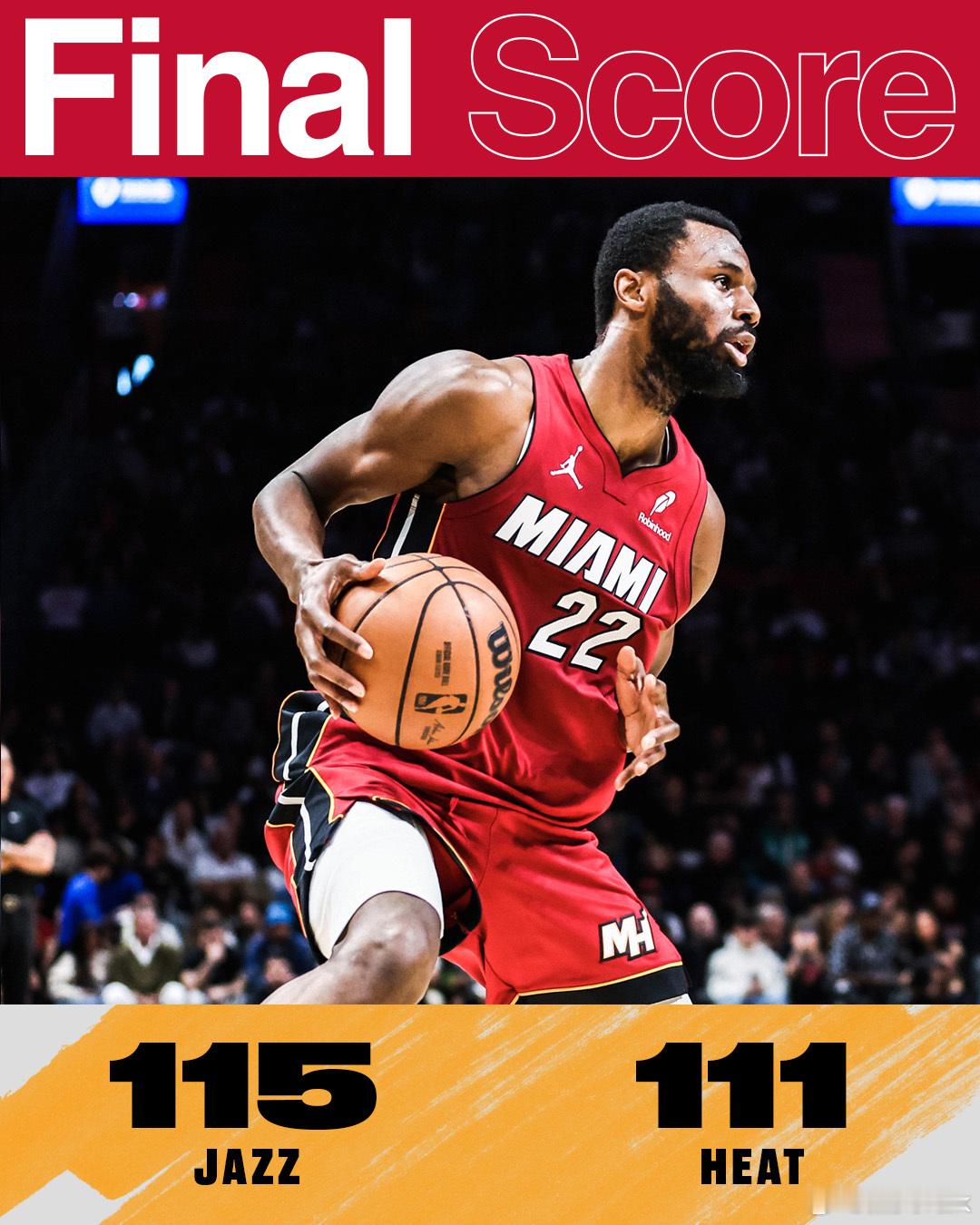 这也能输球，真的有点难受了😔维金斯：26分 5篮板阿德巴约：23分 11篮板 