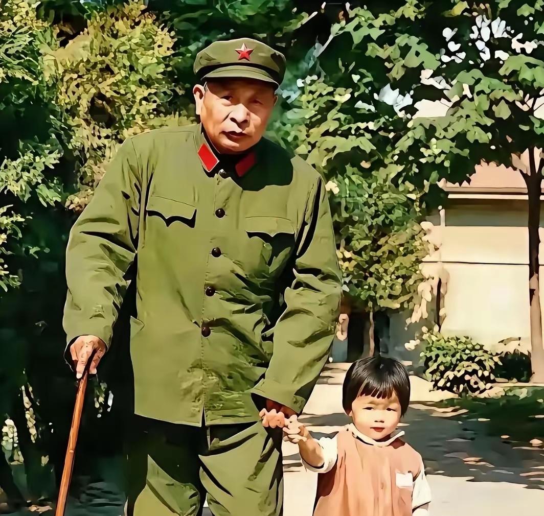 70年代，爷爷牵着孙女散步。爷爷是开国上将，手扶手杖，目光深邃，确有将帅风范。孙