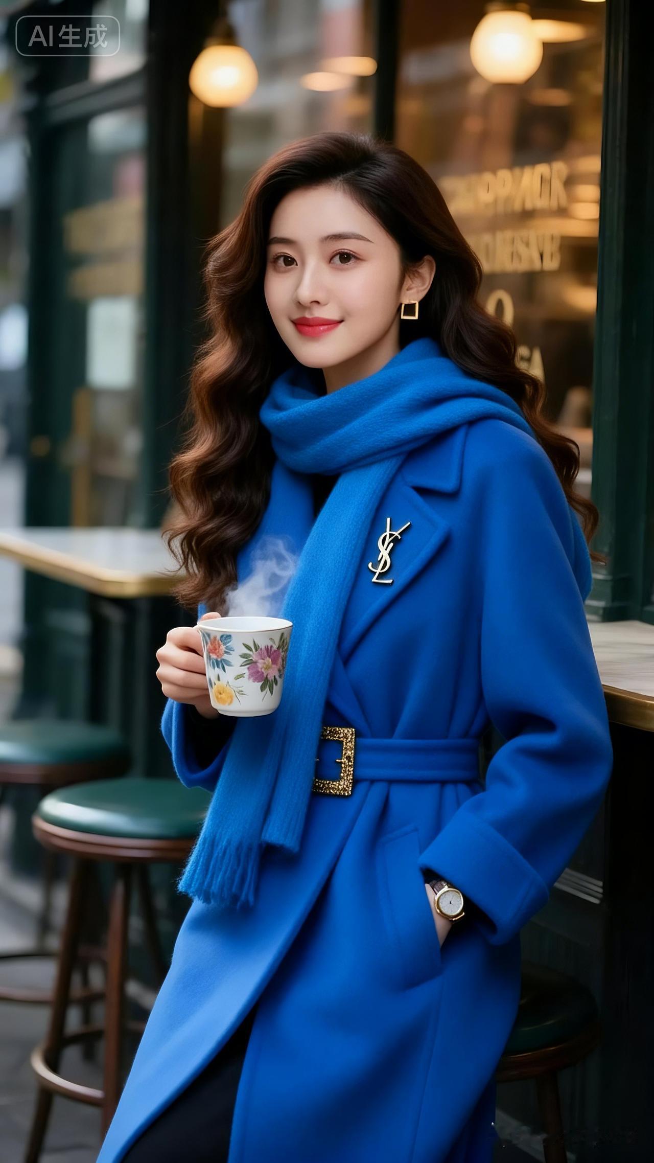 高挑美女精致面容，微卷长发飘逸灵动，一袭蓝色外套搭同色系围巾，高清质感尽显清新雅