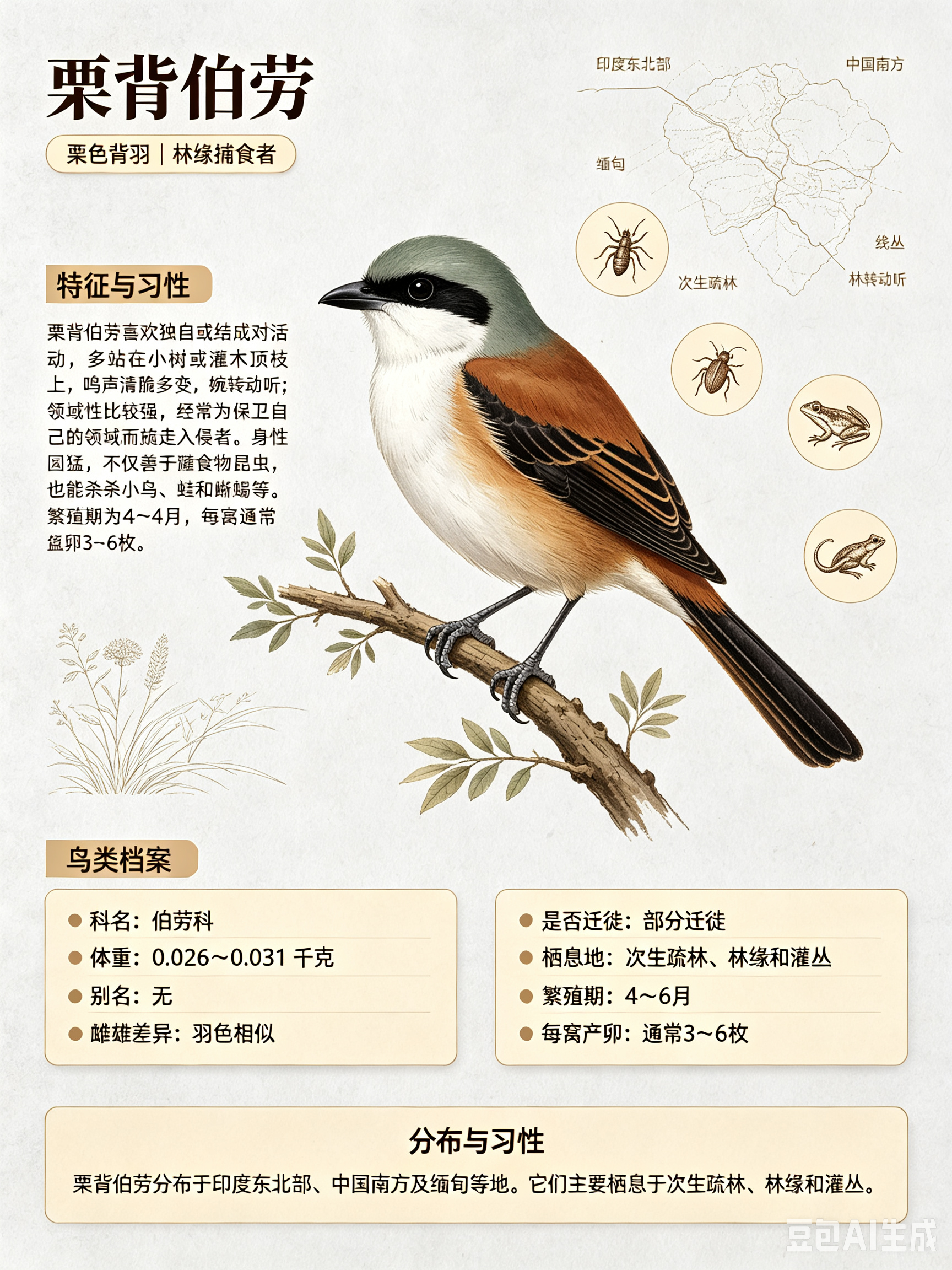 鸟类朋友图鉴 栗背伯劳科名：伯劳科体重：0.026～0.031千克别名：无栗背伯