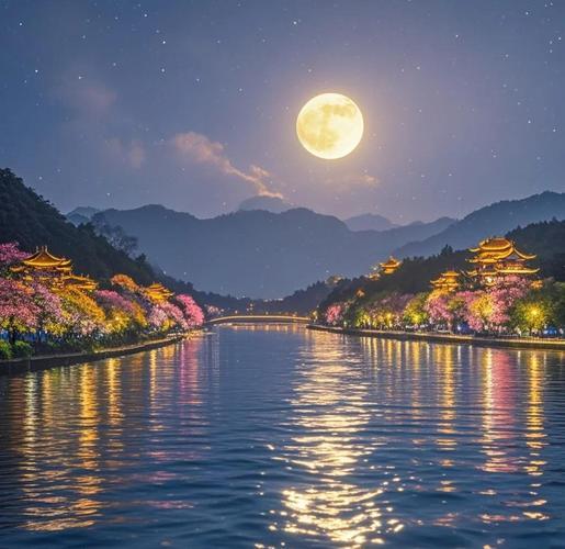 上联：江水悠悠夜月明，
下联：山色苍苍接远空，
下联：渔火点点照归舟。