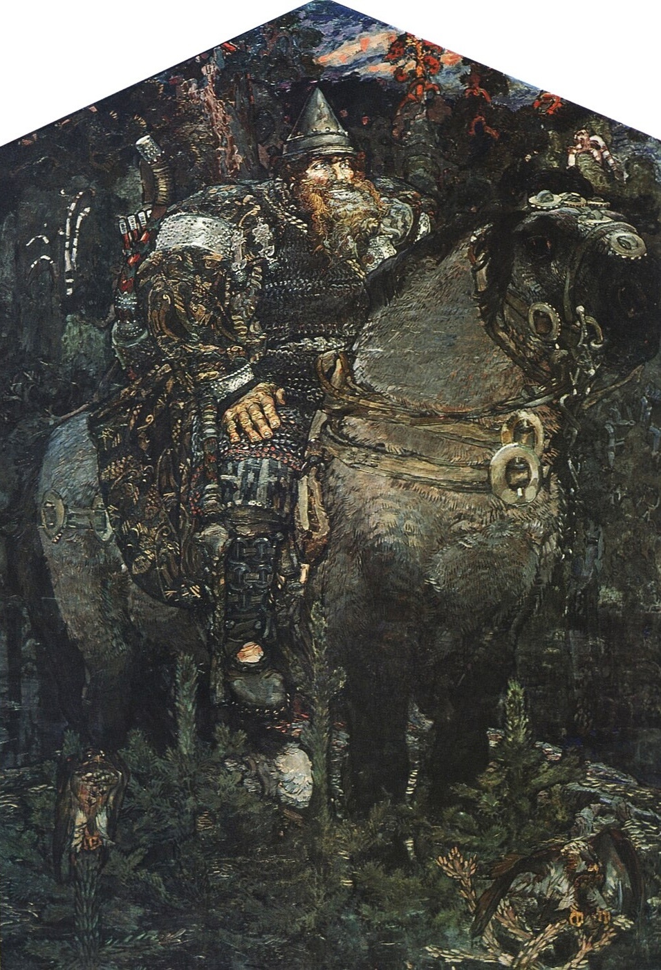 *弗鲁贝尔《博加蒂尔》是俄罗斯史诗中的英雄武士。在这幅画里，弗鲁贝尔并没有描绘某