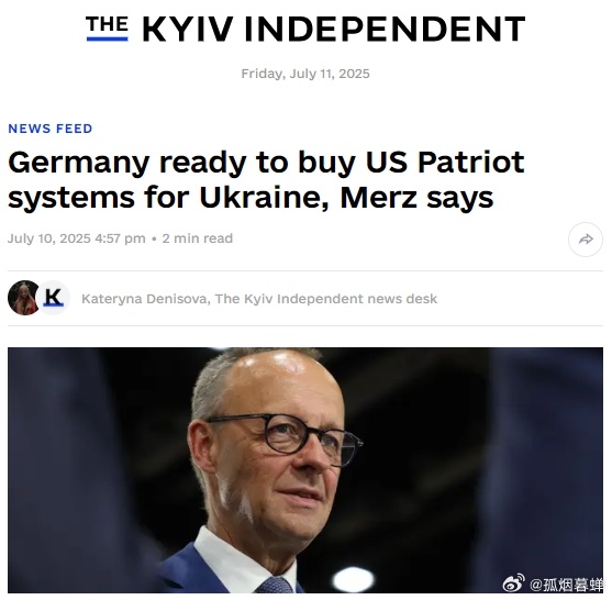 德国总理默茨表示，德国准备从美国采购“爱国者”防空系统并将其转移到乌克兰。默茨在