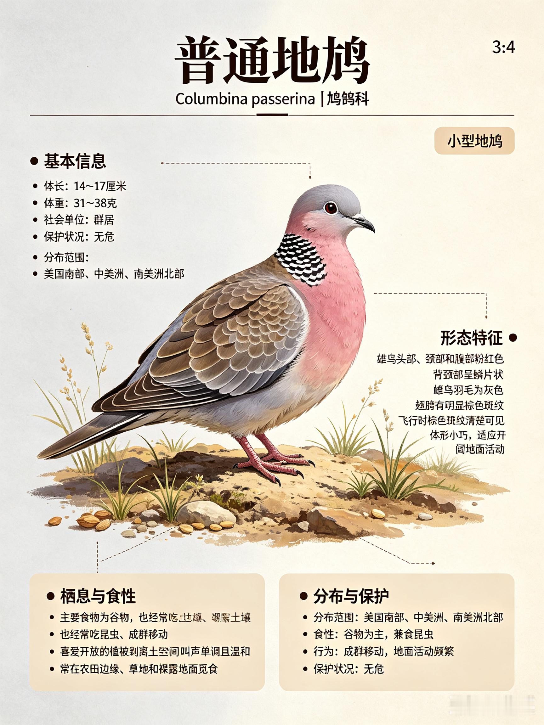 鸟类朋友图鉴 普通地鸠体长：14~17 厘米体重：31~38 克社会单位：群居保