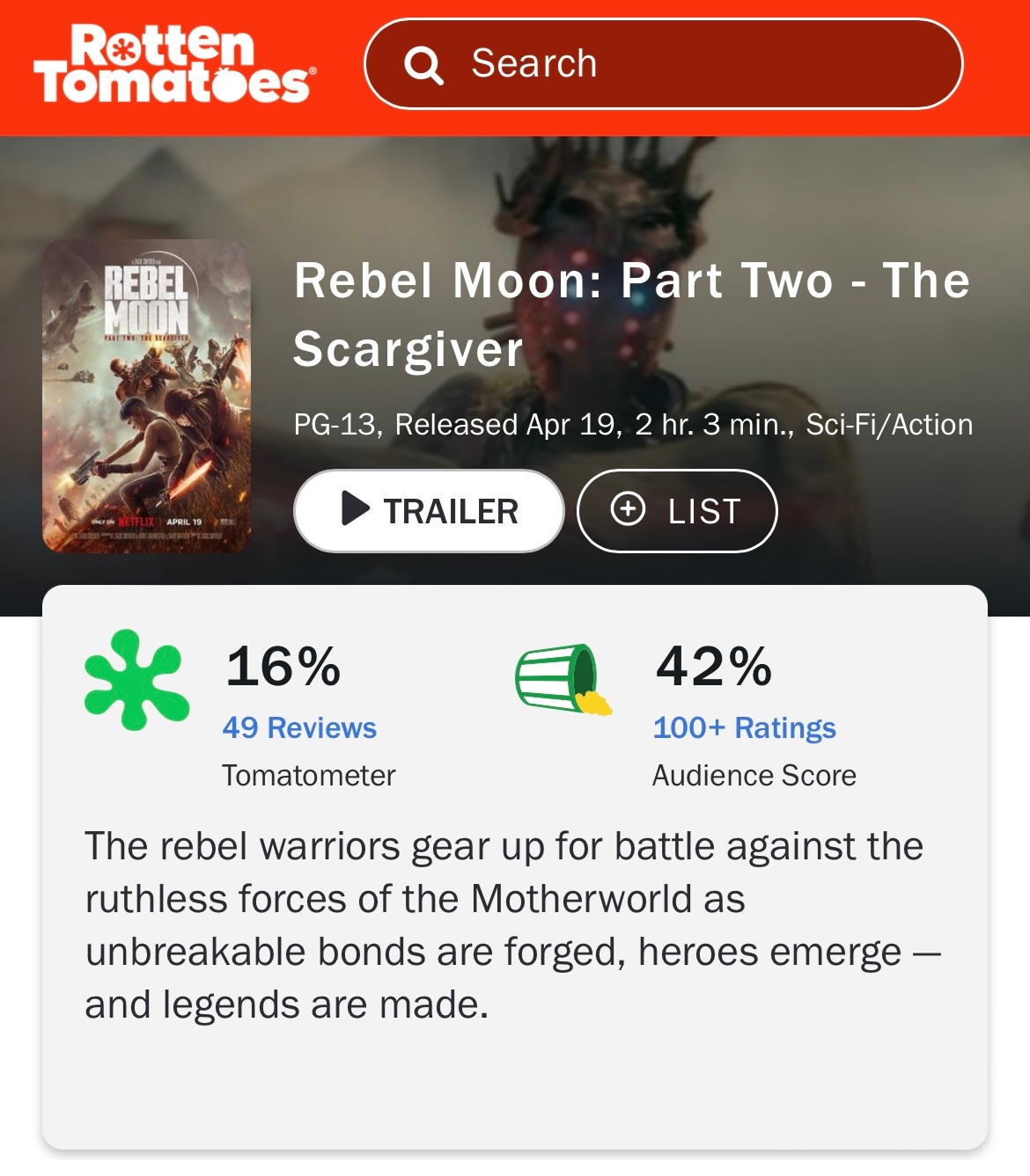 扎导新片《#月球叛军2:烙印之人# 》昨日上线Netflix，目前烂番茄新鲜度1