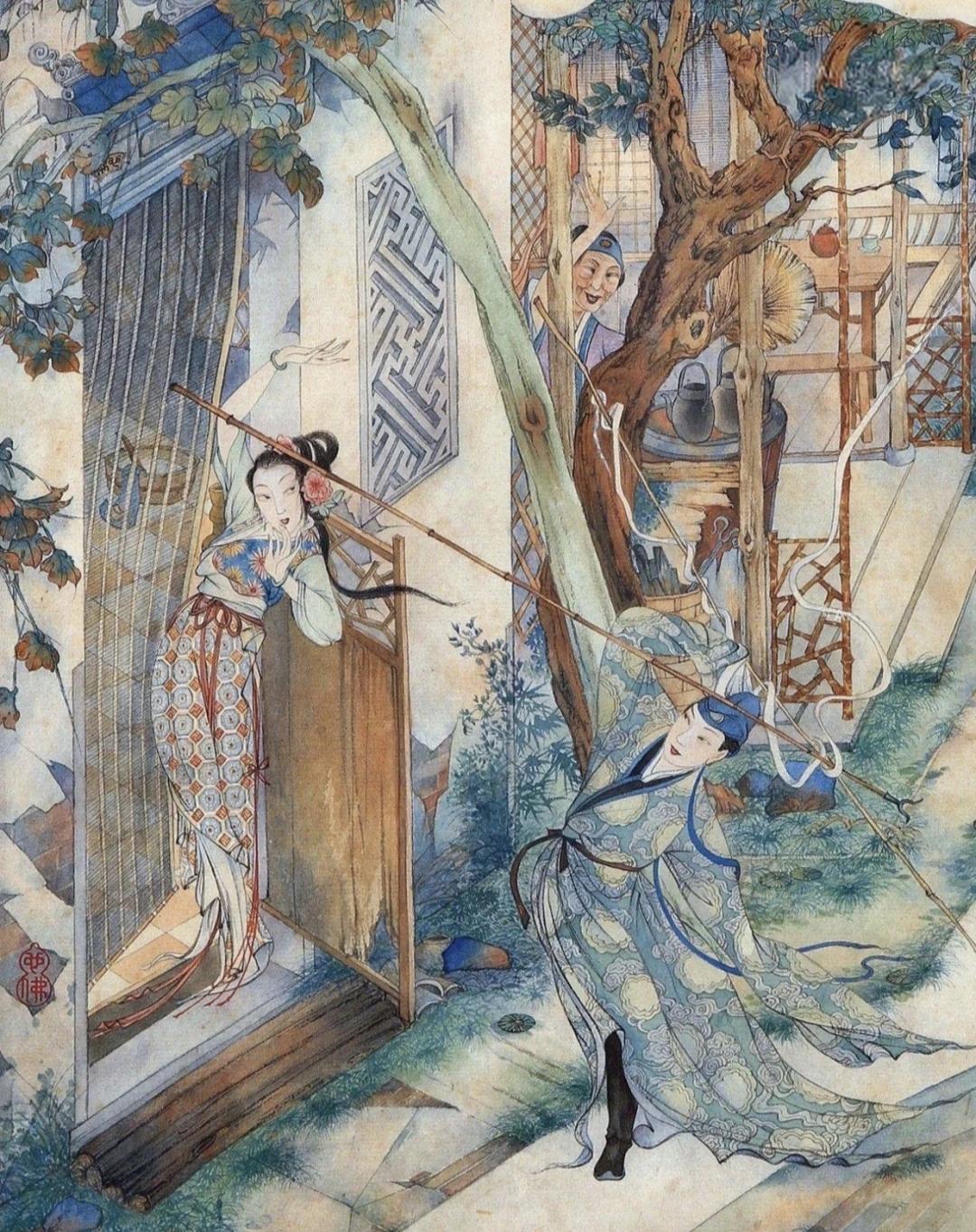 一竿风月误平生，半世浮沉梦不成。
一竿落，风月生。
胡也佛以工笔重彩，绘就《金瓶