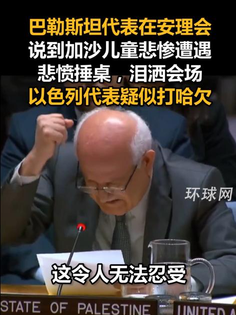 巴勒斯坦代表哭了，说到加沙儿童遭遇时悲愤捶桌，而以色列代表却打起了哈欠。

5月