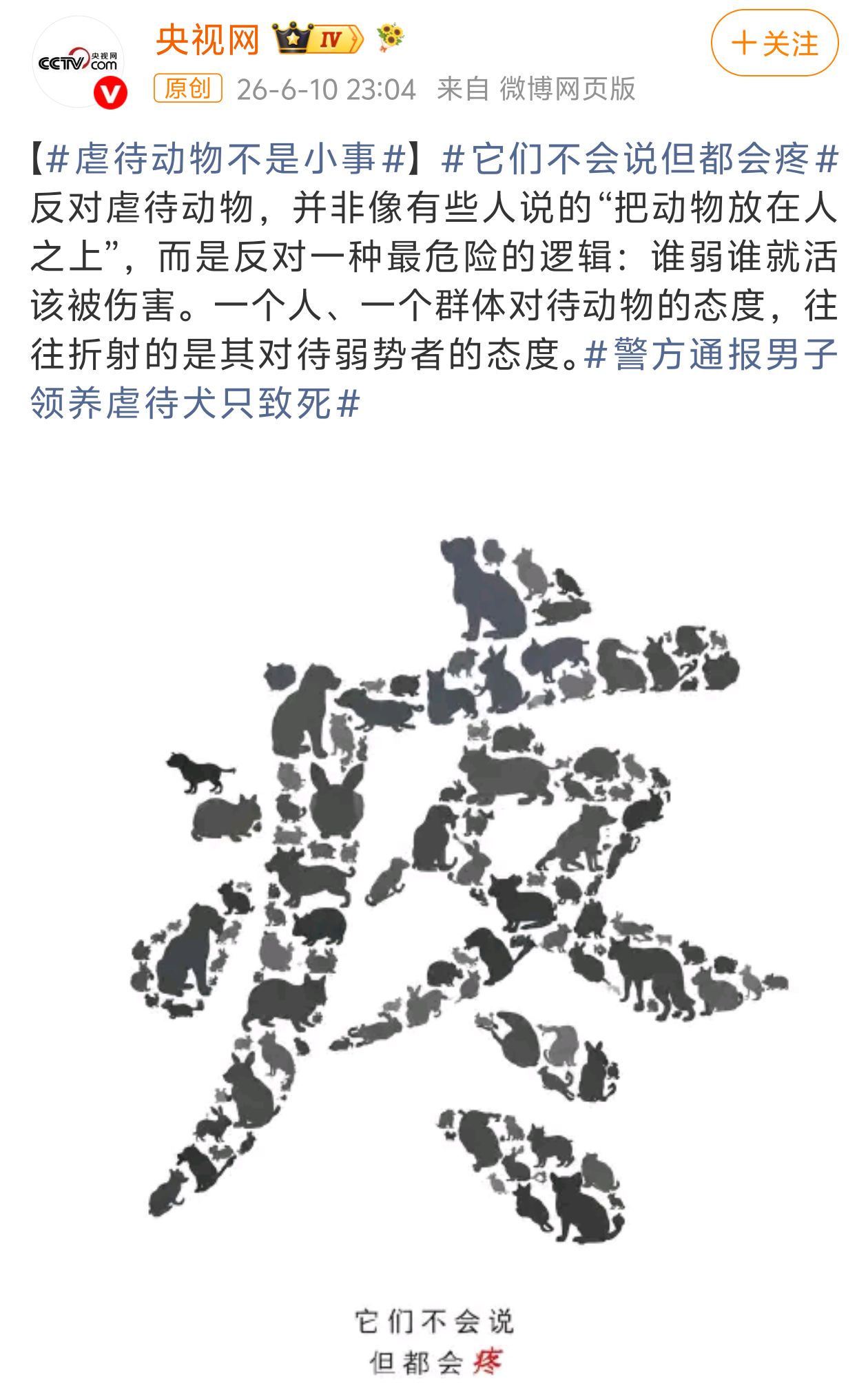 虐待动物不是小事 一个人、一个群体对待动物的态度，往往折射的是其对待弱势者的态度