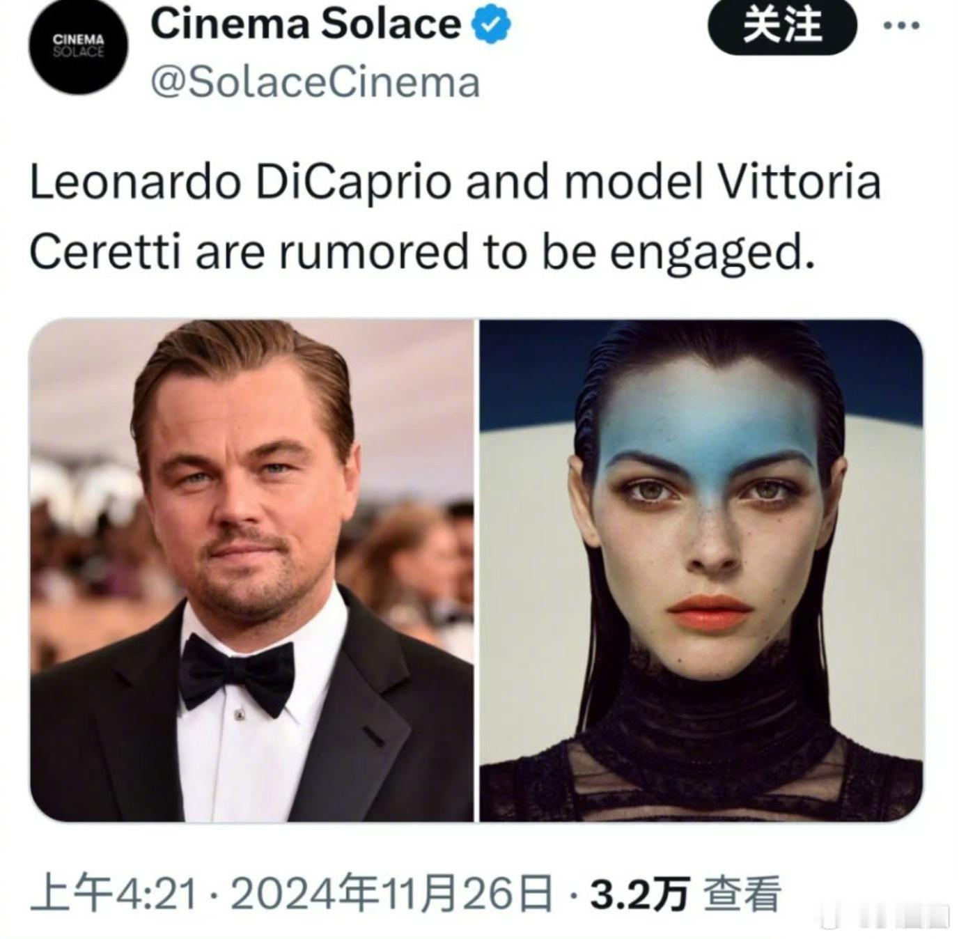 曝小李子订婚  外网传50岁小李子和26岁的超模女友维多利亚·塞雷蒂订婚～[吃瓜