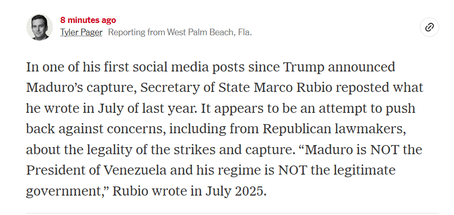 🔻NYT：特朗普宣布抓捕马杜罗后，美国国务卿马可·鲁比奥在其社交媒体上转发了去