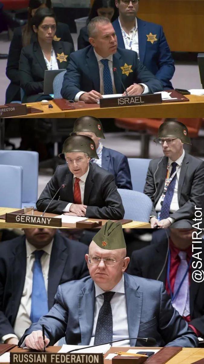 既然以色列驻联合国大使自觉自愿地戴上了黄色六角星，也一再声称联合国已经没有存在的