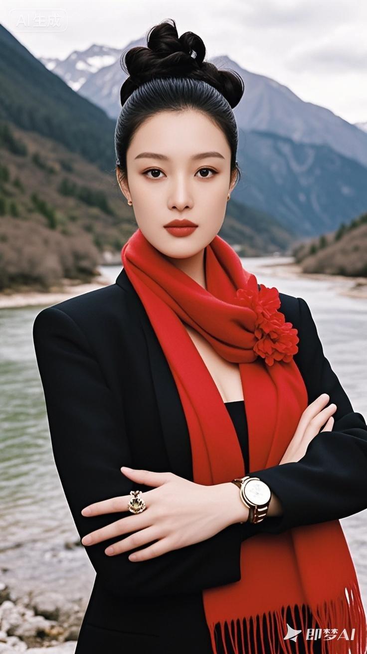 优雅红衣女郎，雪山背景下的时尚大片