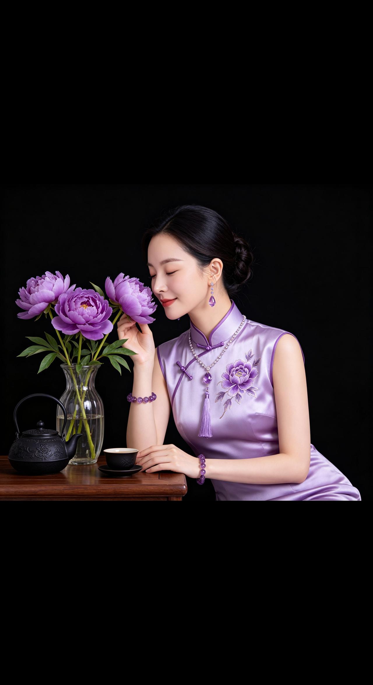 浅紫缎面绣牡丹，一茶一花，静享属于东方女子的温柔时光。AI紫韵旗袍棚拍写真 抖音