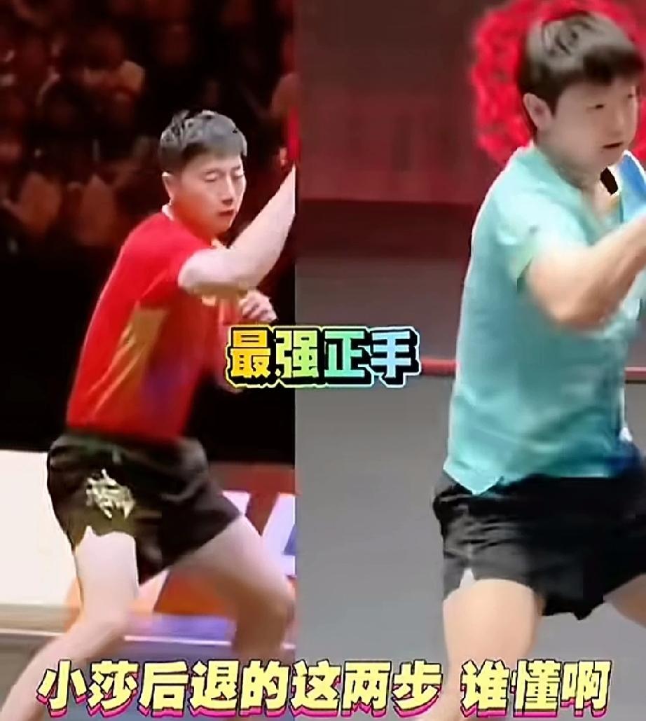 右边莎莎旁边正手轮起来，再后退两步，正手有力发球。左边龙队就像粘贴复制的动作。网