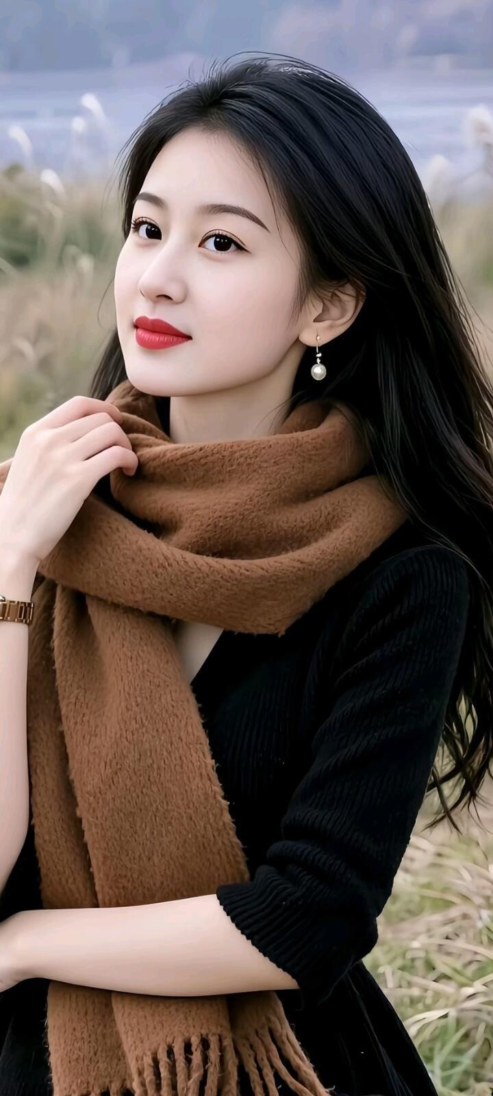 冬日暖阳下，红唇与棕色围巾相映成趣，温柔动人。