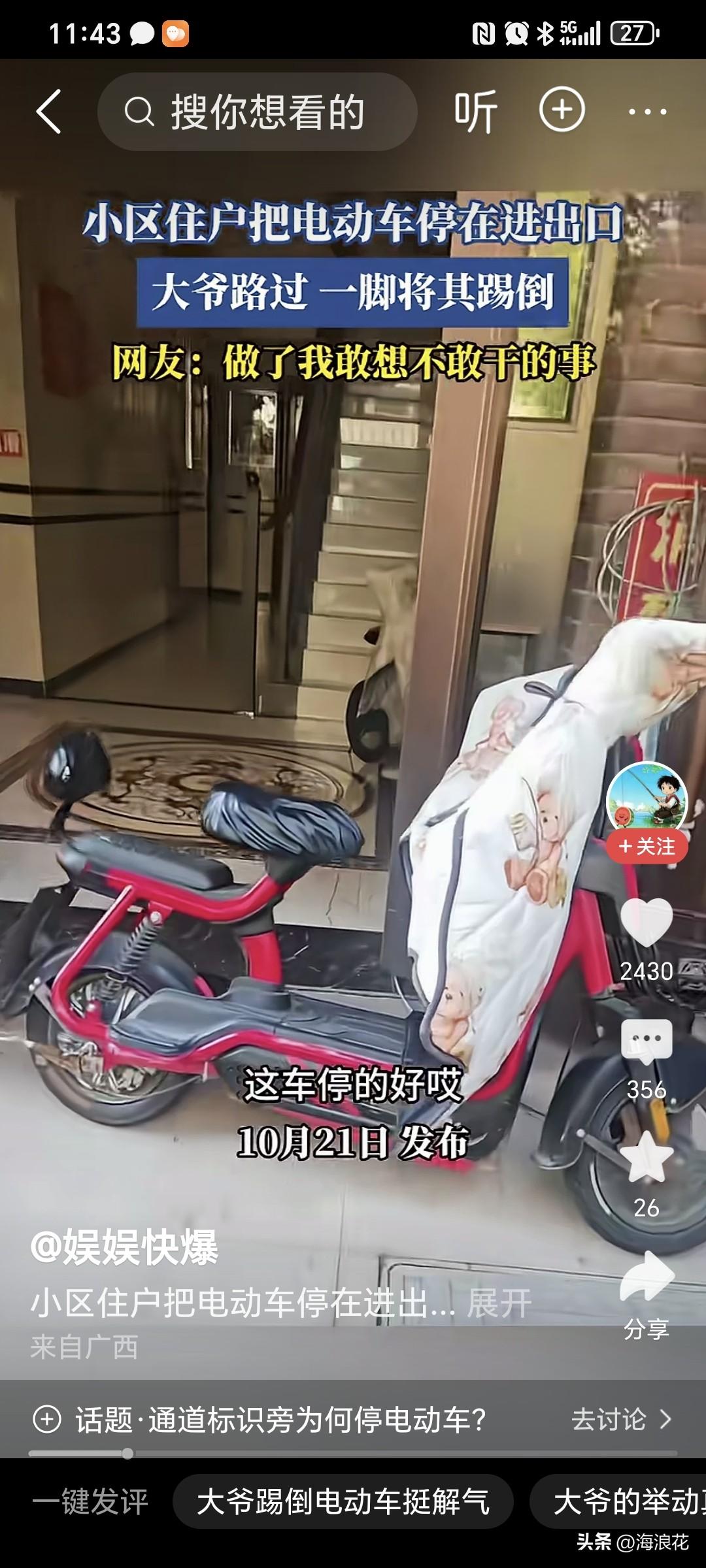 电动车横放在单元门口，大爷从这过，看到这辆电动车，直接一脚踢倒了，网友竟然说大爷