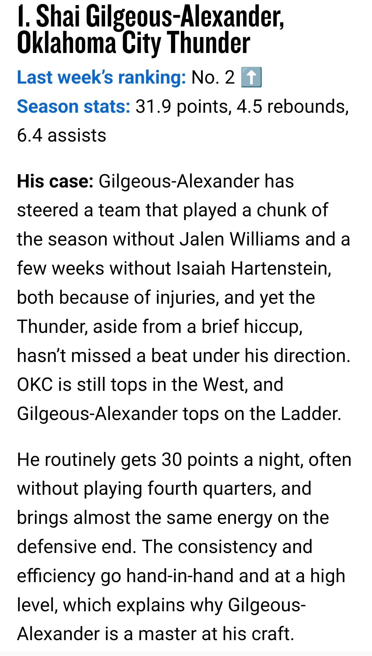 最新一期NBA官方MVP榜单：SGA登顶，2-5位分别是约基奇、东契奇、文班亚马