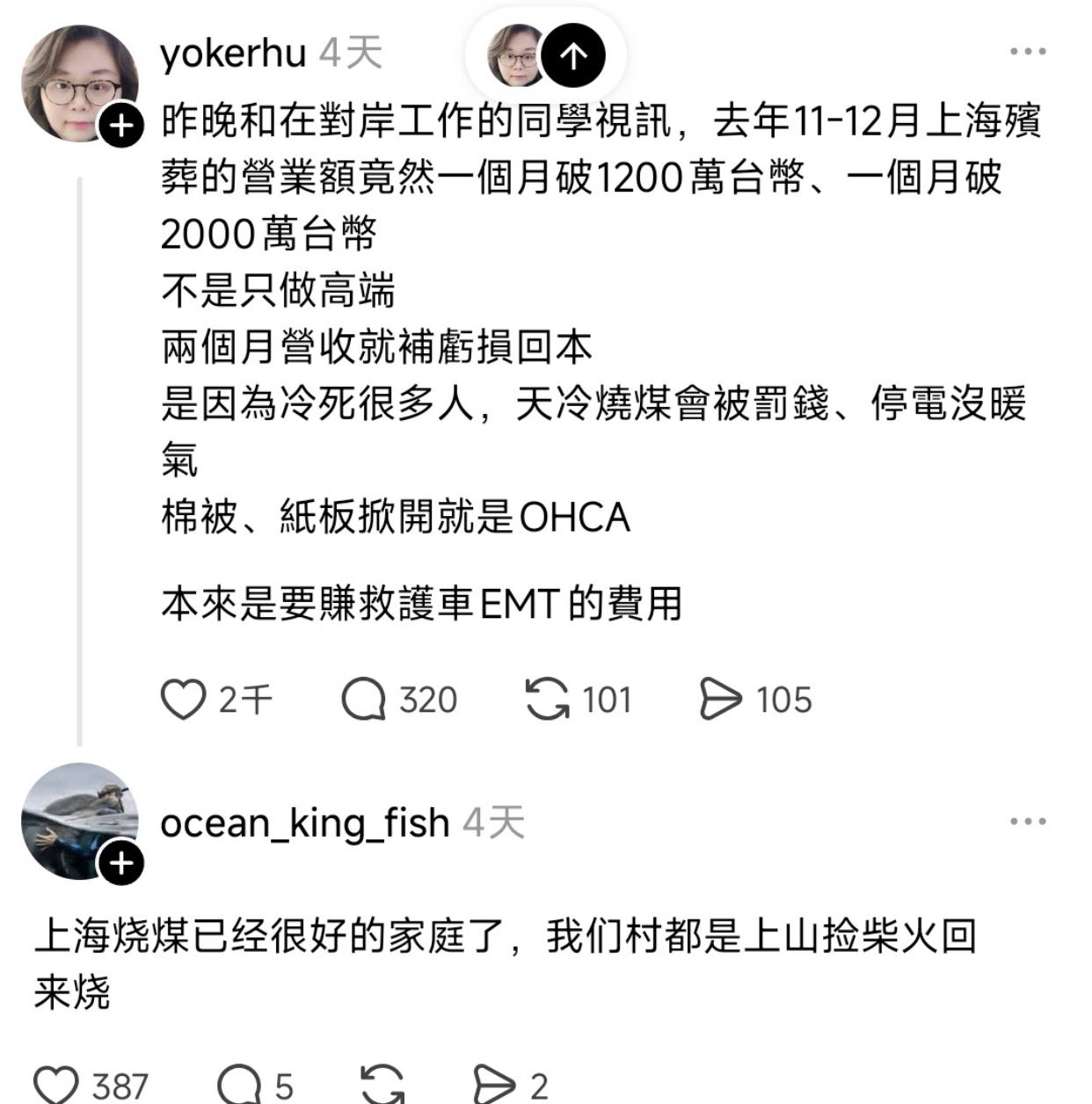 有一位台湾女子发文表示：她与在大陆工作的同学视频聊天，发现上海好像烧不起煤，但在