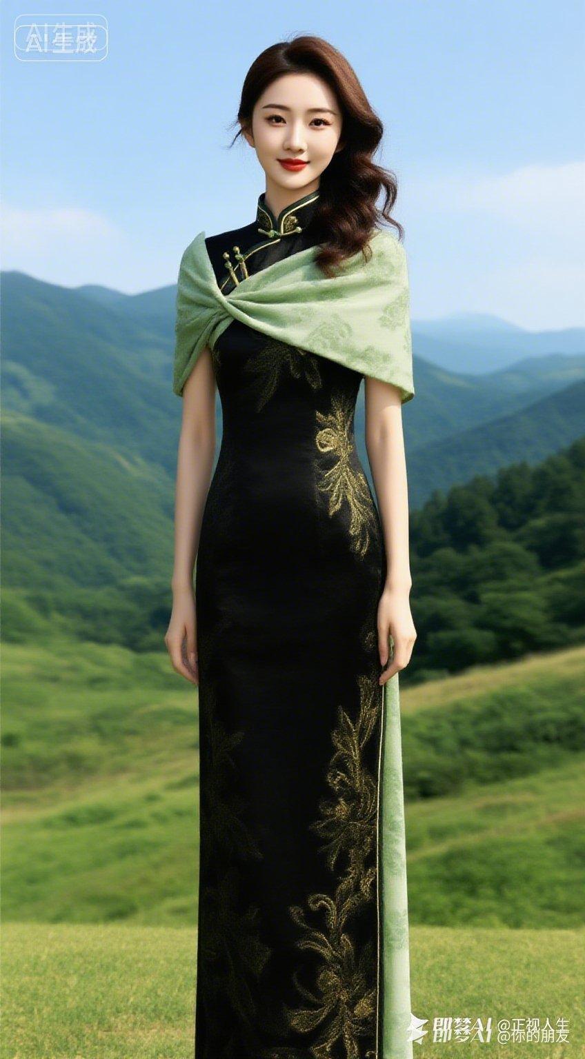 东方丽人，棕黑柳叶烫长卷发，肤白貌美眉眼灵动。身着原版服饰搭配黑直筒裤与14cm