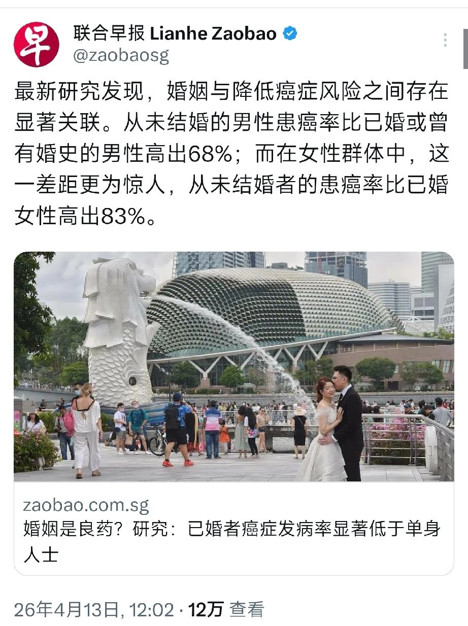 结婚是防癌良药？
最新研究发现:
已婚者患癌率大幅度低于单身。

根据研究报告显