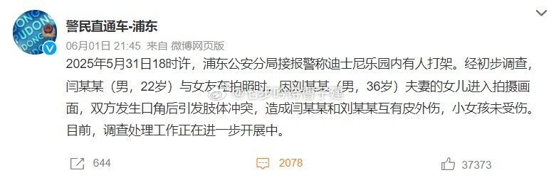 上海警方通报迪士尼打架事件就因为误入画面在六一节打架？？？？ ​​​