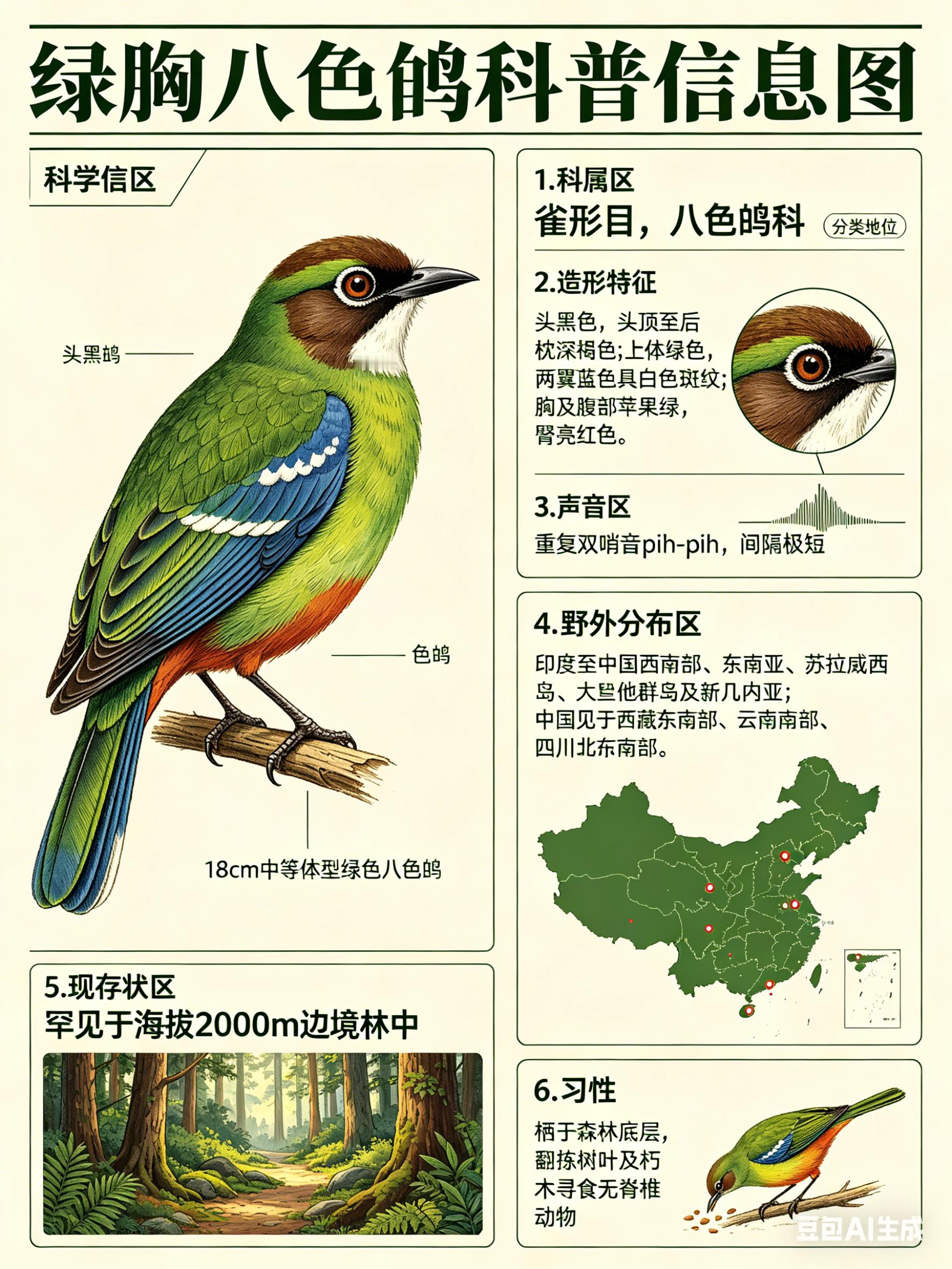 鸟类朋友图鉴 绿胸八色鸫·科属：雀形目，八色鸫科。·外形特征：中等体型（18cm