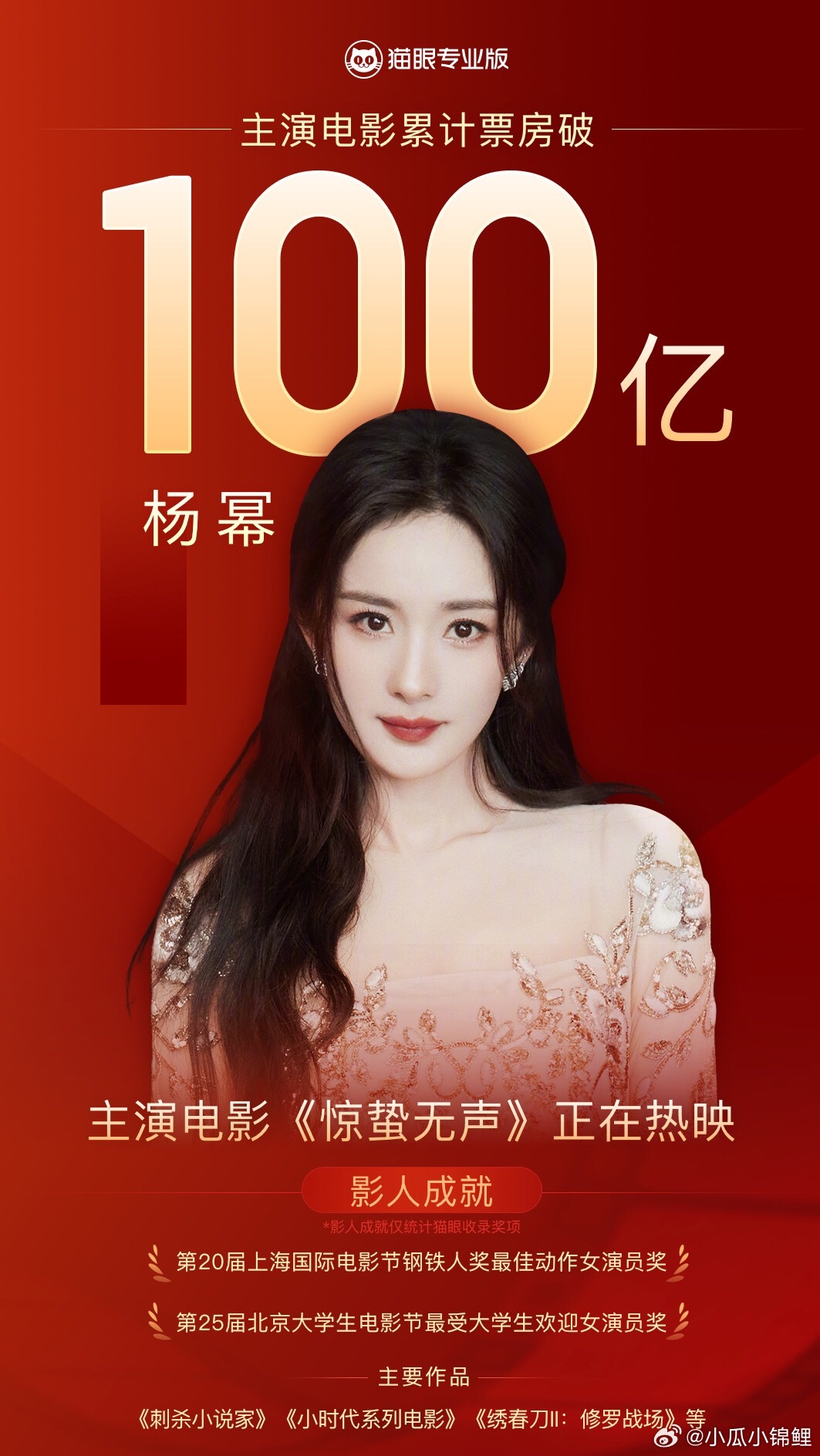 杨幂主演票房突破100亿恭喜杨幂主演票房破百亿，加入百亿俱乐部！以角色沉淀实力，