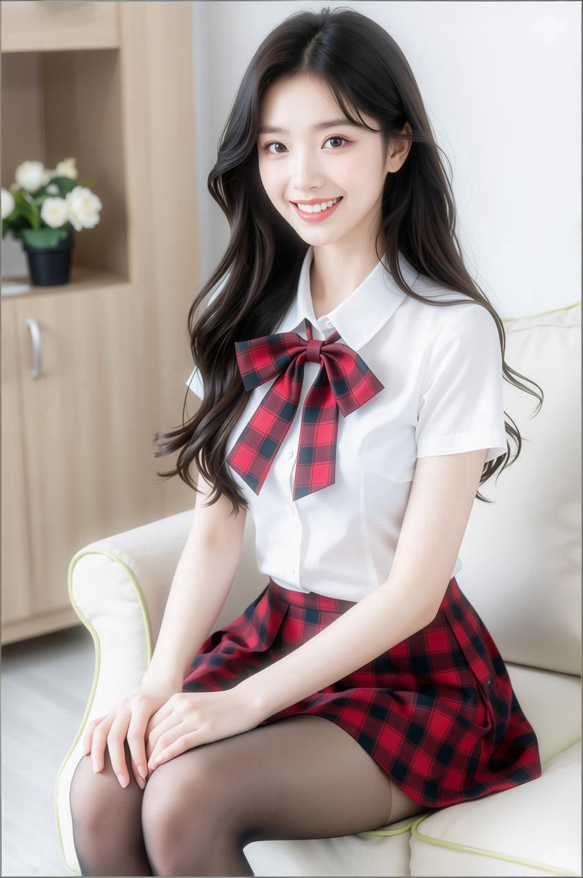 甜美校园风，红黑格子裙，少女心满满！