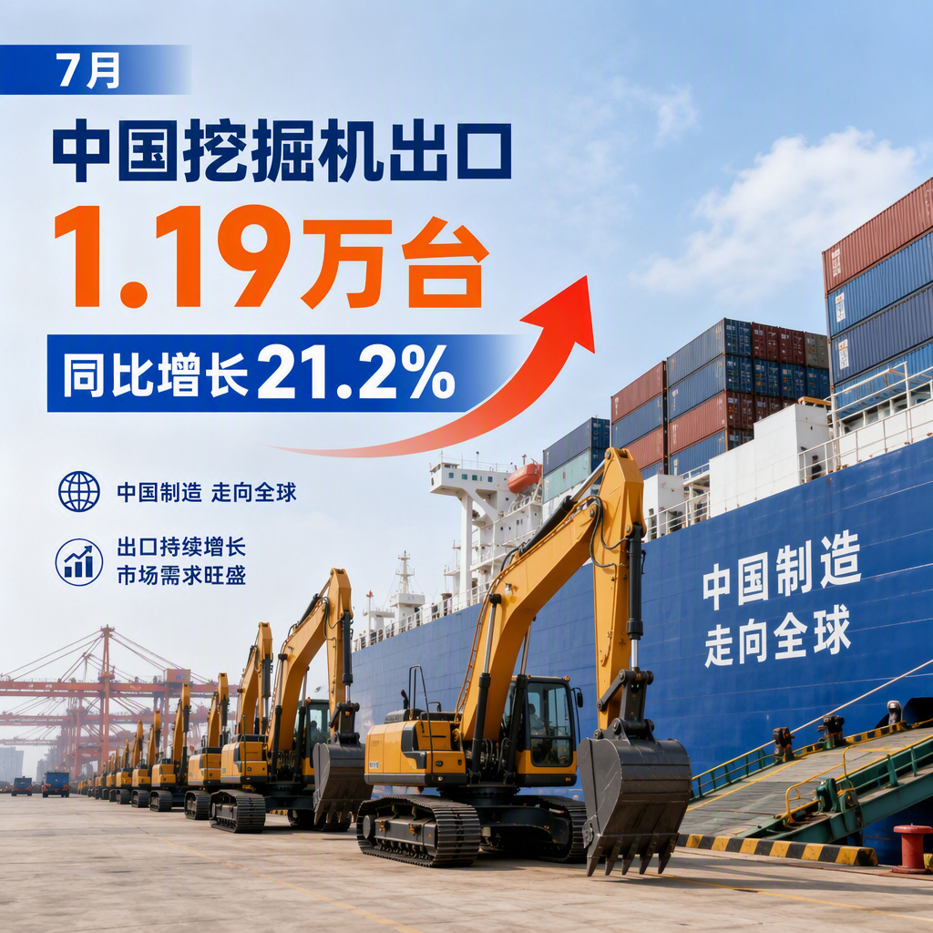 【7月中国挖掘机出口1.19万台，同比增长21.2%】据中国工程机械工业协会数据