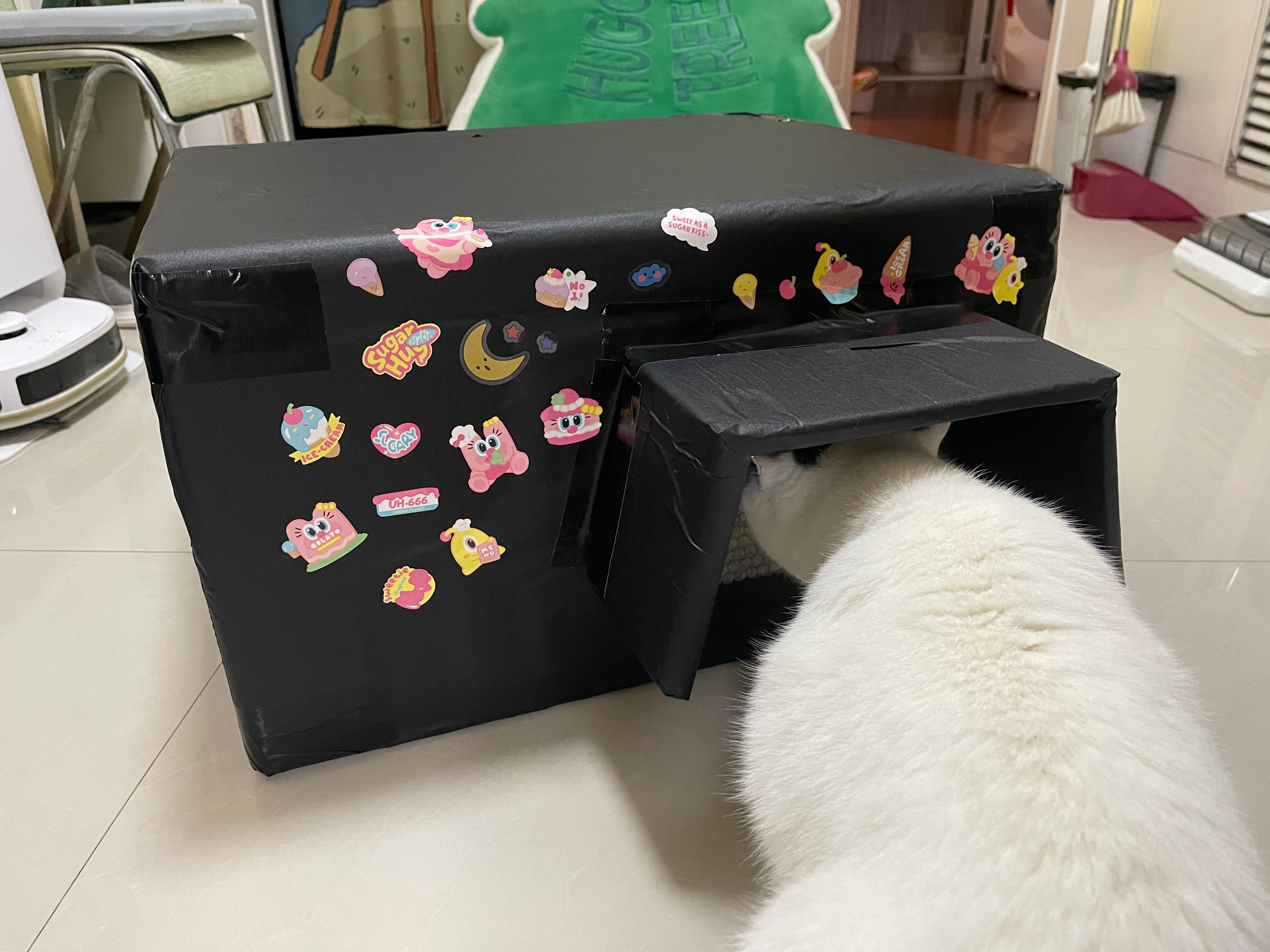 又给猫猫小院做了一个新窝窝，这个窝可以淋雨，就在院子里露天放置，监控能看到，可以
