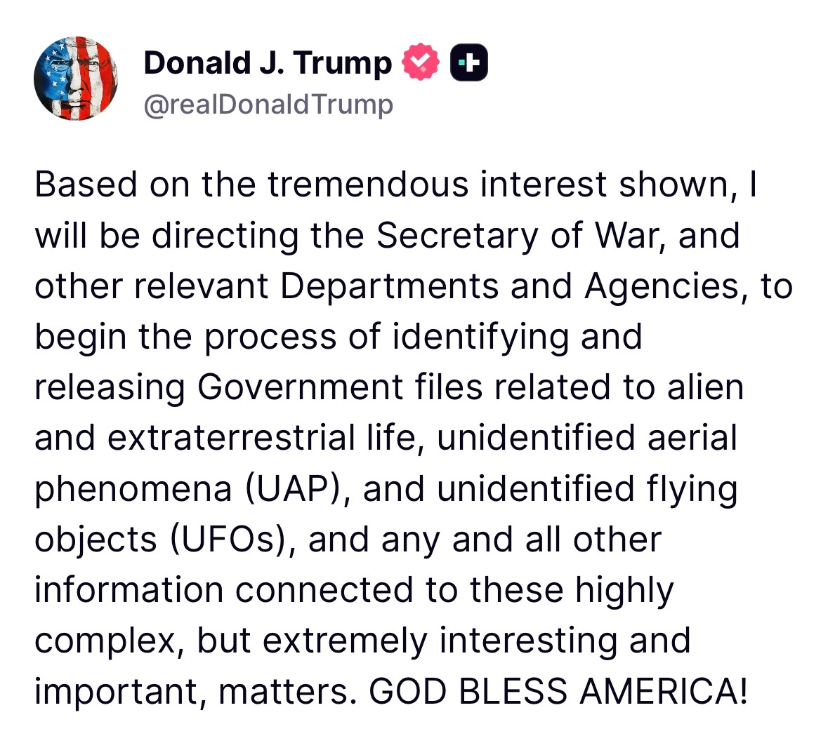 美国总统特朗普刚刚在社媒发文，宣布将启动程序，公开与外星生命、不明空中现象（UA