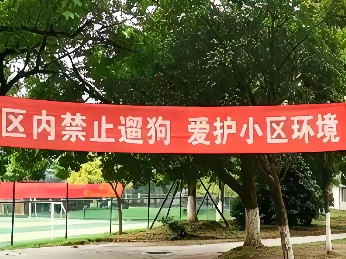 看到小区拉出横幅禁止小区遛狗，一个狗主人就想不通了，干嘛把狗挡在小区门外！

一